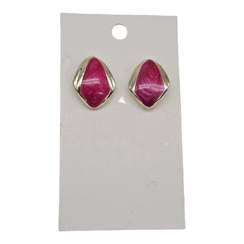 Vintage Mauve Pink Enamel Vintage Pierced Earrings 1" Gold Tone 80s 90s Retro A2